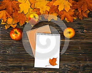 A notebook with an empty space for text, apples on a pile of bright autumn leaves against a dark wooden table