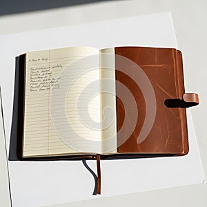 The notebook features a matching leather strap closure and a ribbon