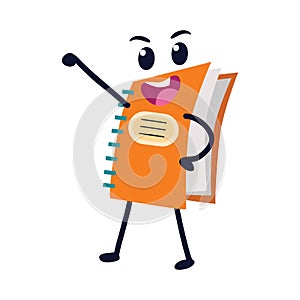 Notebook flat icon, spiral exercise book with funny cartoon mascot.