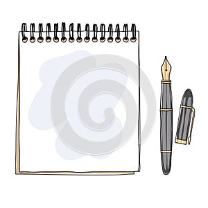 Notebook and Fountain writing pen doodle hand drawn vector illustration