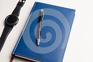 Notebook with glasses and pen, Book with glasses, Blue notebook