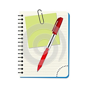 Notebook with green notice paper and red pen