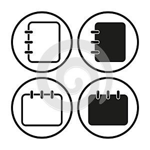 Notebook icon set. Black and white. Spiral bound. Vector illustration.