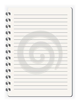 Notebook ined. Sketchbook blank page. Notepad vector isolated mockup. Blank mock up with shadow. Art design clean spiral