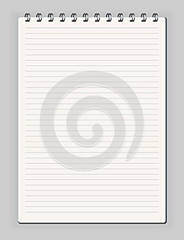 Notebook ined. Sketchbook blank page. Notepad vector isolated mockup. Blank mock up with shadow. Art design clean spiral photo