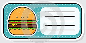 Notebook label. Cute burger. Baby stickers. Vector illustration photo