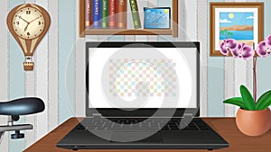 Notebook. Laptop in the interior of the room. Overlay with switchable screen. photo