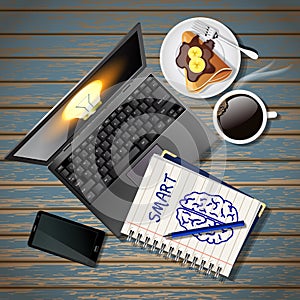 Notebook and laptop with mobile phone and coffee and crepe