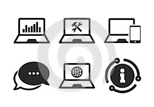 Notebook laptop pc icons. Repair fix service. Vector