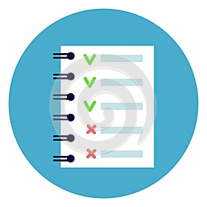 Notebook List With Green and Red Tips Check Points Icon Round Blue Background