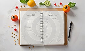 notebook with list vegetables and fruits