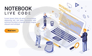 Notebook live code landing page vector template with isometric illustration. Interactive computer programming homepage interface