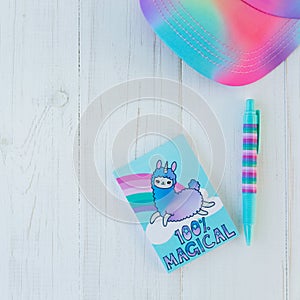 Notebook with llama unicorn and rainbow with colorful gel pen and rainbow cap on white wooden background. Idea of Girly