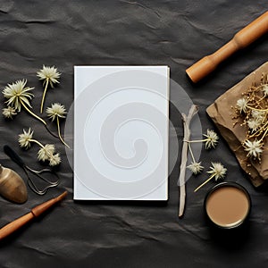 Notebook mock up on with with dried flowers. Space for text. Top view. Greetings template
