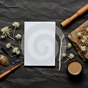 Notebook mock up on with with dried flowers. Space for text. Top view. Greetings template photo