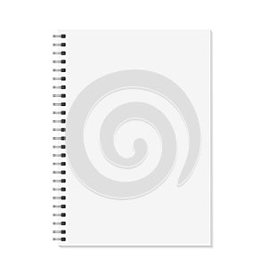 Notebook mock up. Open book with metal spiral template. Isolated on white background. A4 bound pages. Vector