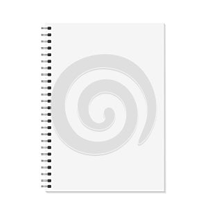 Notebook mock up. Open book with metal spiral template. Isolated on white background. A4 bound pages. Vector photo