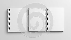 Notebook mockup. Closed and open blank notebook with white cover. Spiral notepad on white background