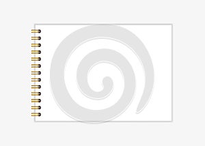 Notebook mockup with gold spiral. Wire bound blank paper note book template. Horizontal A4 sheets with gold spiral