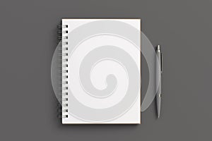 Notebook mockup. Opened blank notebook and pen. Spiral notepad on gray background