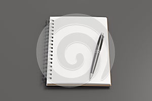 Notebook mockup. Opened blank notebook and pen. Spiral notepad on gray background