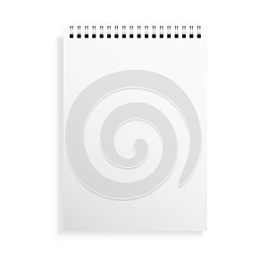 Notebook mockup. White notepad cover with soft shadow. Realistic diary blank. Empty copybook on white background. Simple