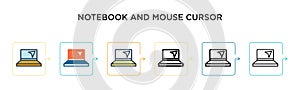 Notebook and mouse cursor vector icon in 6 different modern styles. Black, two colored notebook and mouse cursor icons designed in