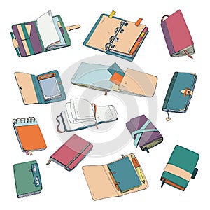 Notebook, notepad, planner, organizer, sketchbook hand drawn set. Collection of colorful illustrations.