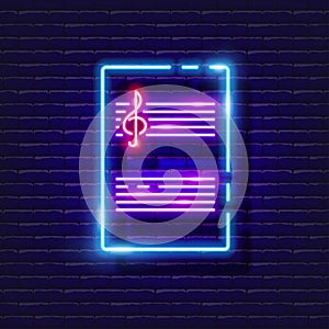 Notebook for notes neon icon. Music staff glowing sign. Music concept. Vector illustration for Sound recording studio design,