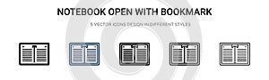 Notebook open with bookmark icon in filled, thin line, outline and stroke style. Vector illustration of two colored and black