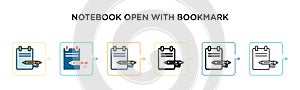 Notebook open with bookmark vector icon in 6 different modern styles. Black, two colored notebook open with bookmark icons