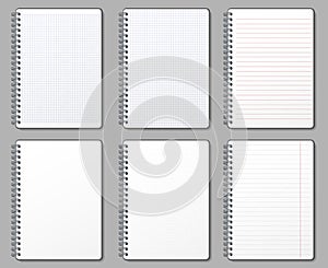 Notebook page. Lined and dotted pages, notebooks binded on metal spiral and padded sheet mockup template vector