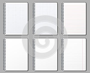 Notebook page. Lined and dotted pages, notebooks binded on metal spiral and padded sheet mockup template vector illustration set