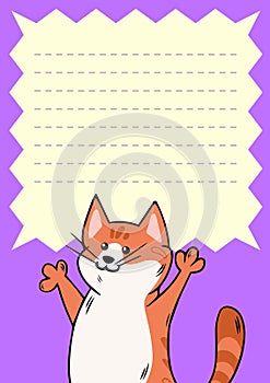 Notebook page with red happy cat. Template in colorful cartoon style. Doodle pet animal vector