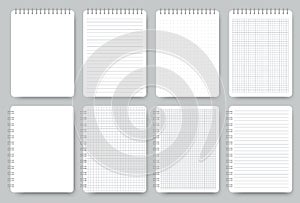 Notebook page set, notepad lined and dots paper. Lined notepaper texture. Vector