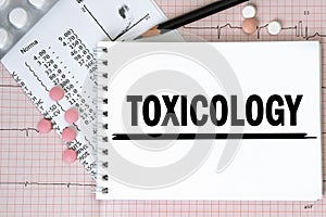 Notebook page with word - Toxicology nearby with a pills and pencil, medical concept