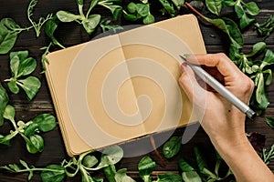 Notebook pages for the recipe near greenery leaves food