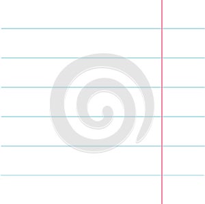 Notebook paper texture lined page template. Red line. Blank sheet of copybook background. Flat design.