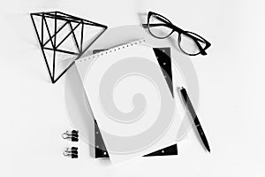 Notebook, pen, eye glasses, white sheet of paper, plant on a white background, flat lay, top view