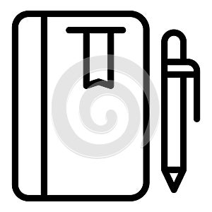 Notebook and pen icon, outline style