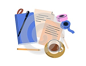 Notebook, pen, paper sheets, pages with notes, work records. Notepad, planner, sketchbook and coffee cup, abstract