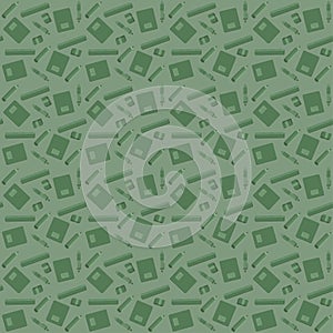 Notebook, pen, pencil, ruler, eraser - pattern green colors. Vector stock illustration for print industry school