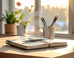 Notebook pen plants sunlight workspace