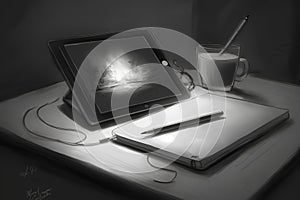 Notebook with pen and tablet pc on a table in black and white