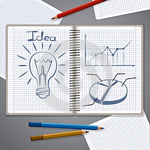 Notebook with pencil drawing chart and lightbulb