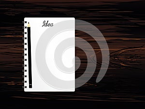 Notebook with a pencil for education, business. Product for a book with paper and concept. Empty space for text. Vector on wooden