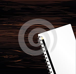 Notebook with a pencil for education, business. Product for a book with paper and concept. Empty space for text. Vector on wooden