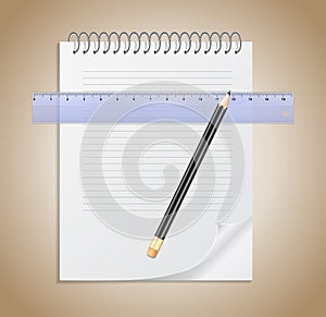 Notebook, pencil and ruler