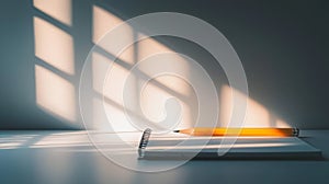 A notebook and a pencil on a table.