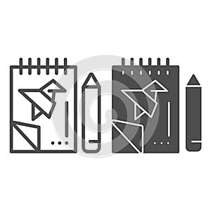 Notebook with project and pencil line and glyph icon. Notepad with drawn bird vector illustration isolated on white